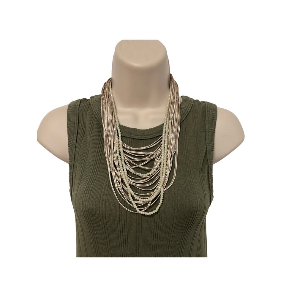 Women's Beige Beaded Multi Layered Bib Necklace BOHO Neutral Timeless Classic